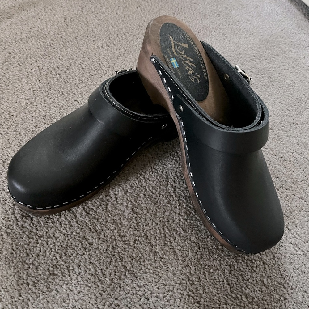 Lotta’s of Stockholm Black Leather Swedish Clogs size 39 New’